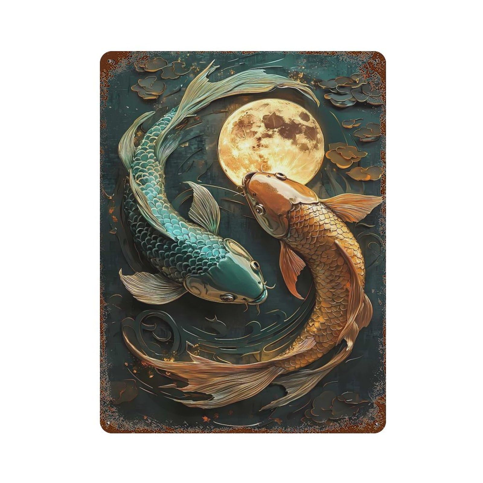 Garage Style Koi Fish And Moon Japanese Asian Yin And Yang Aged Metal Wall Plaque 15.7"x11.8", Decorative Metal Wall Art for Bar And Workshop