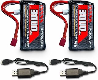 7.4V Li-ion Battery 3000mAh 2S with T Plug Rechargeable High Capacity RC Battery Fit for 4WD High Speed RC Cars and Most 1/10, 1/12, 1/16 Scale RC Cars Trucks with 2 USB Chargers