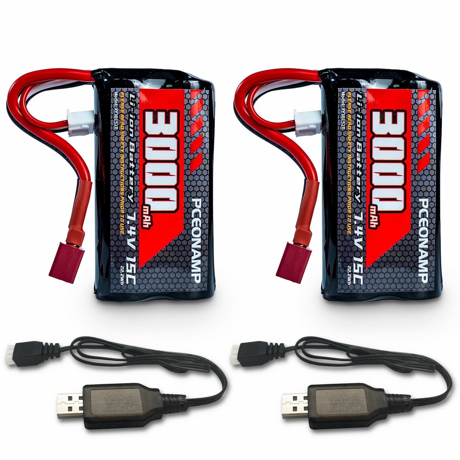 PCEONAMP 7.4V Li-ion Battery 3000mAh 2S with T Plug RC Battery Fit for 4WD High Speed RC Cars and Most 1/12 1/16 1/18 Scale RC Cars Trucks with 2 USB Chargers