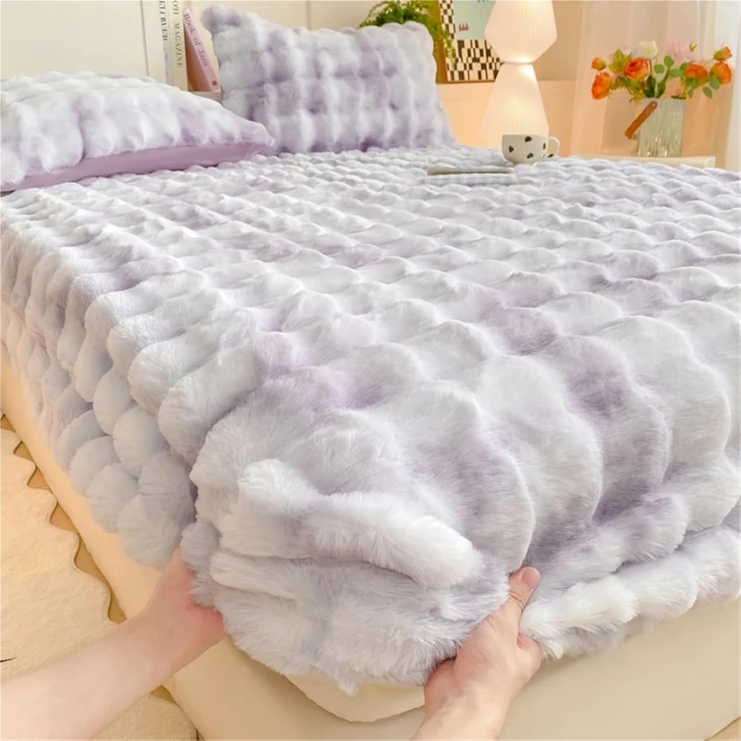 Fluffy Plush Velvet Fitted Sheet, Winter Warm Elastic Bed Sheets, Luxury Soft Fuzzy Bottom Sheet, Bedsheet Bed Sheet Mattress Protector, Various Sizes(Purple,Queen: 59 * 79in)