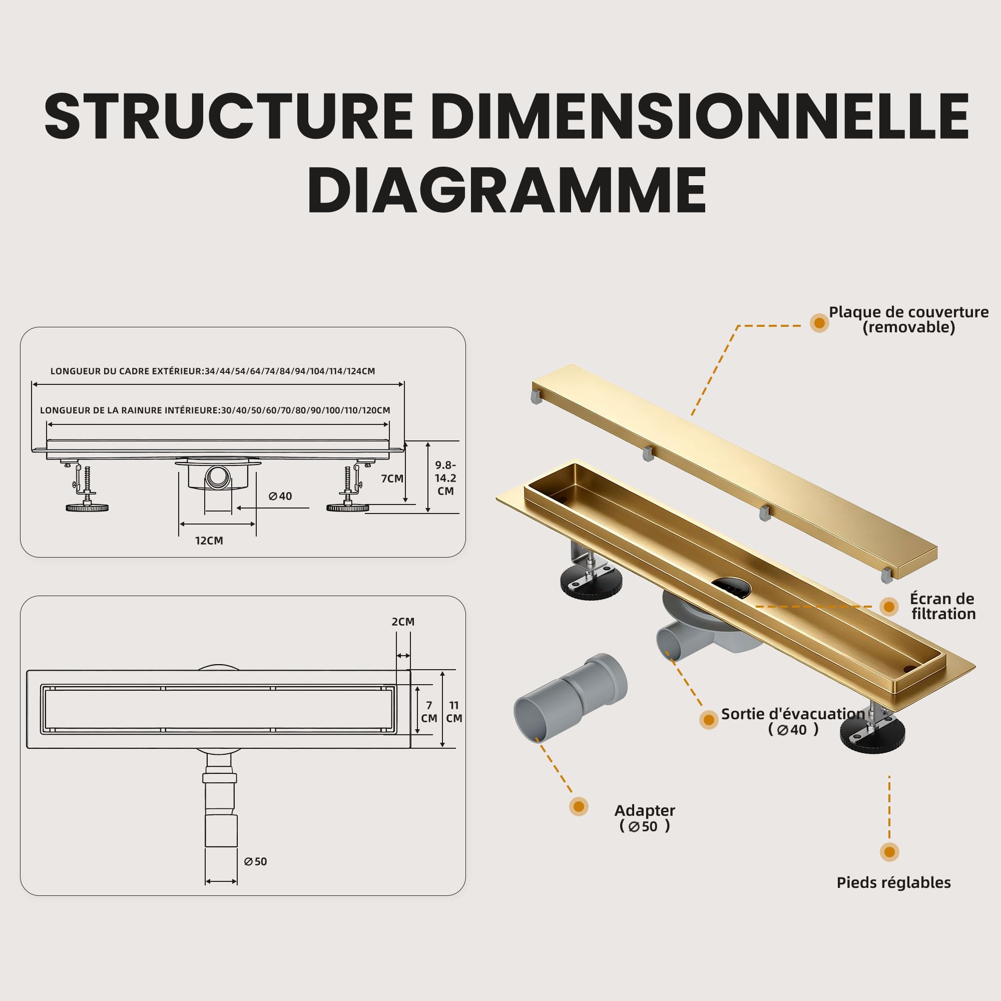 Caniveau Douche Italienne Doré 50 cm | Carrelable avec 360°Siphon Anti-Odeurs, Filtre à Cheveux et Design Sans Seuil pour Douche Italienne,Acier Inoxydable AISI 304