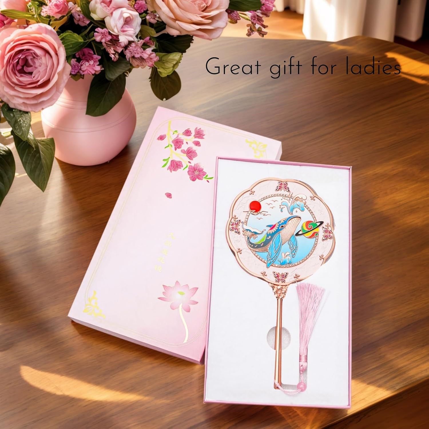 Vintage Handheld Mirror, Metal, Flower Shape | Hand Mirror with Mythical Creature Embossed Patterns, Portable Makeup Cosmetic Mirror, With Tassel, For Gift, Everyday Use