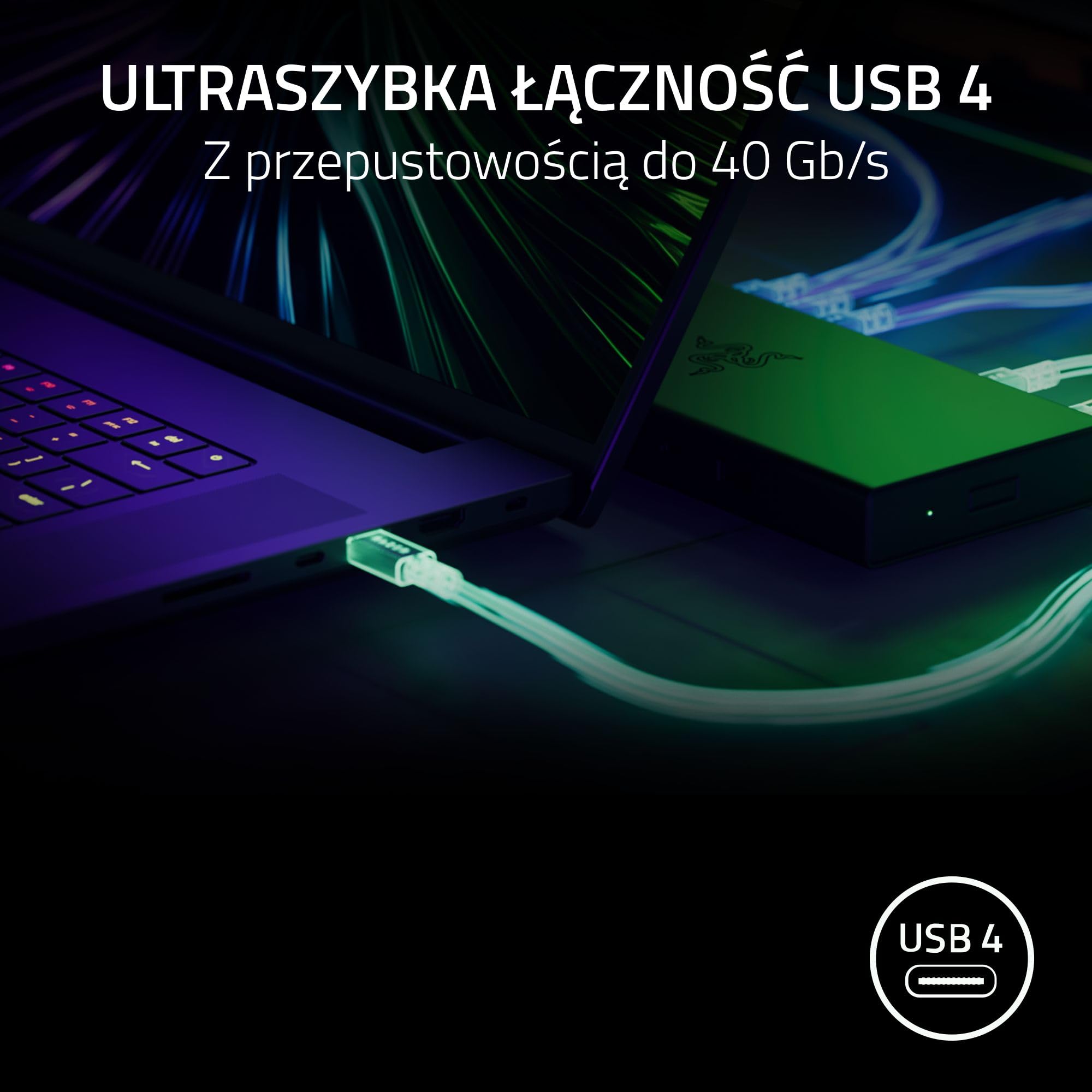 Razer USB 4 Dock - 14-portowa stacja dokująca High-Speed do gier i produktywności - obsługa dwóch wyświetlaczy, ładowanie urządzeń (3x USB-C, 5x USB-A, HDMI, DisplayPort) Czarny