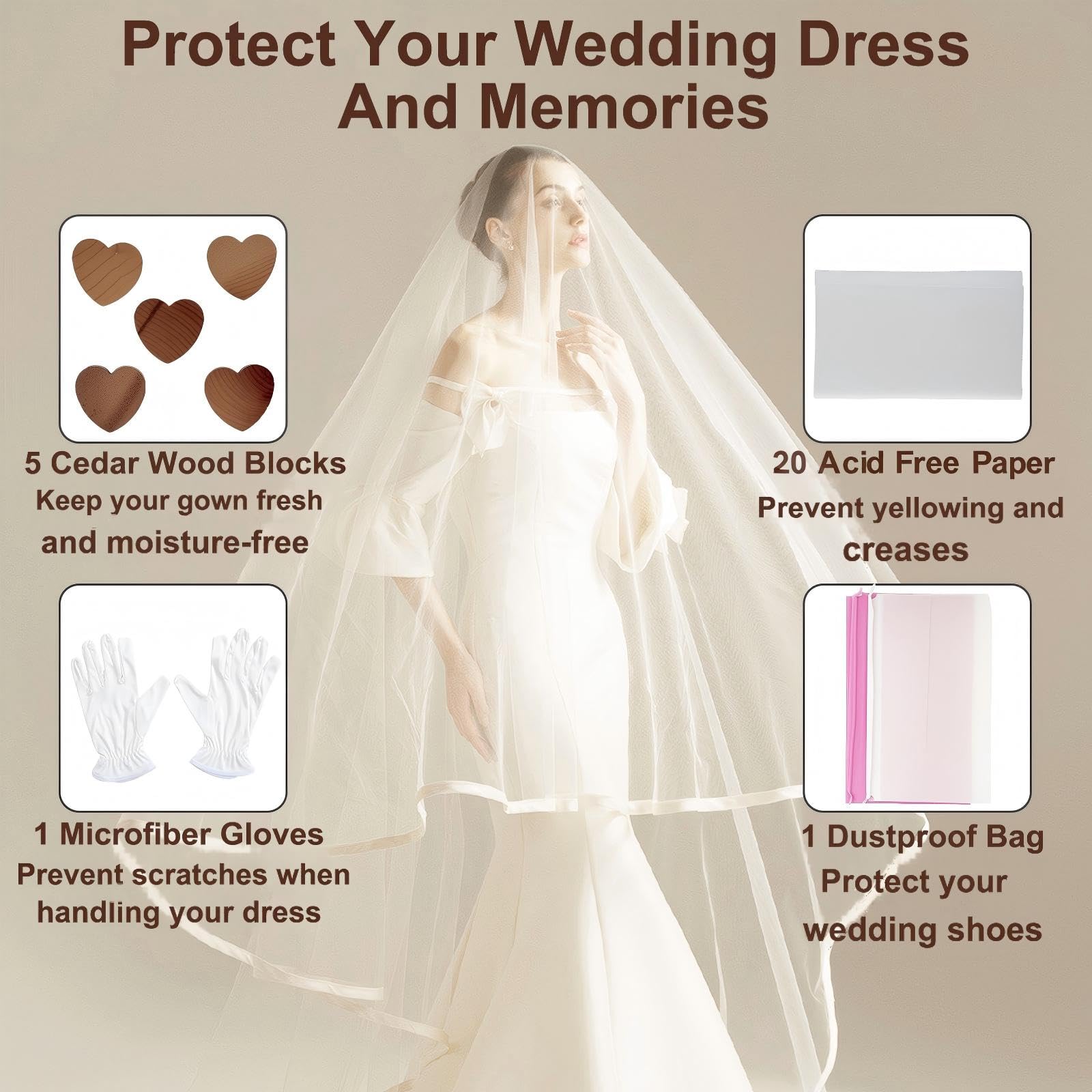 Scatola per abiti da sposa – Scatola grande da 94 litri per la conservazione dell'abito da sposa, con carta velina priva di acidi, blocchi di legno di cedro, guanti bianchi e sacchetto antipolvere per