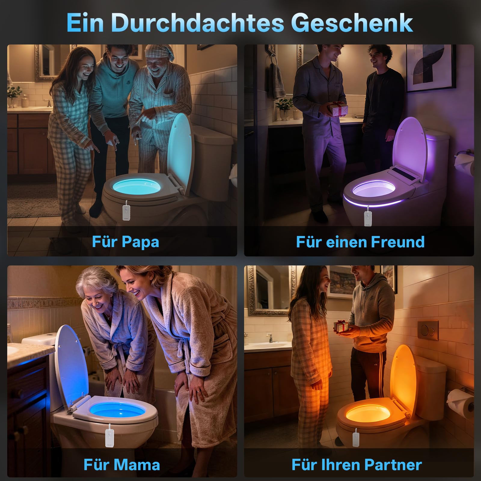 Led Toilettenlicht,IP65 wasserdicht,16 Farben, 2 Stück | Bewegungsmelder,USB-Aufladung, Aufhängbeleuchtung,RGB Farbe,500mAh,für Badezimmer/Toilette
