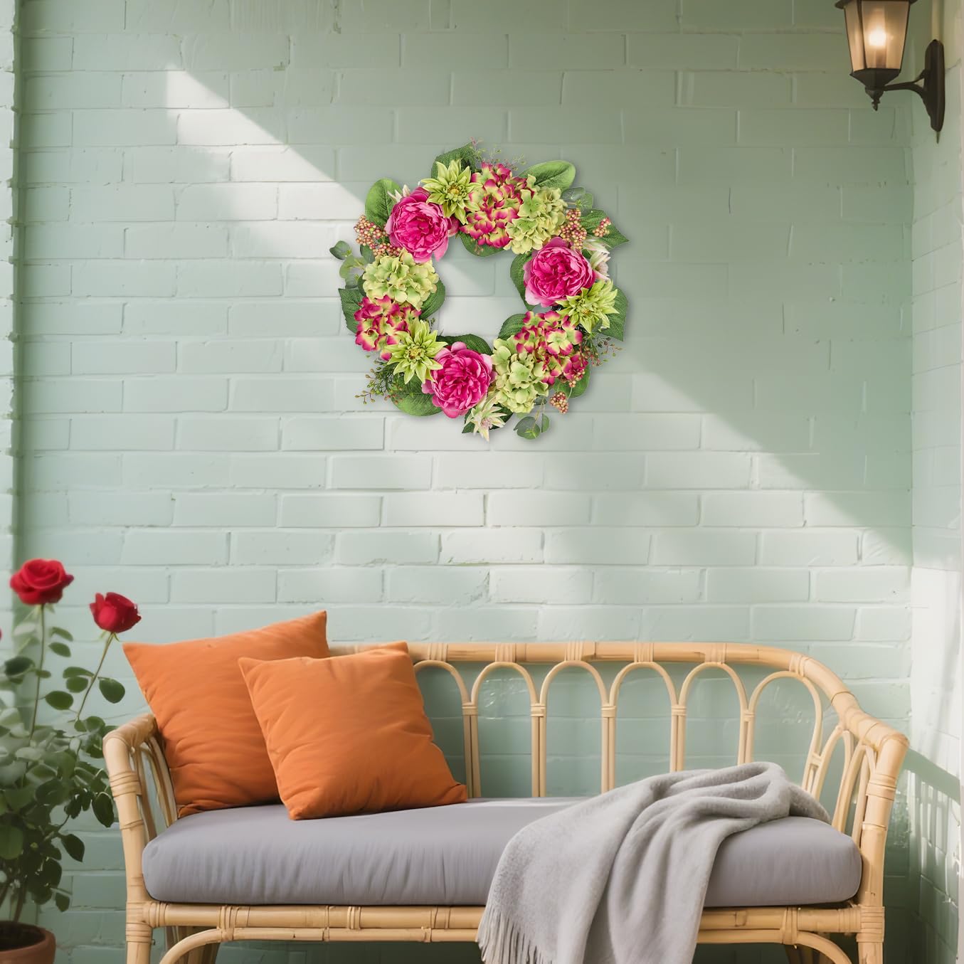 Kranz Künstlich 50 cm Blumenkranz Künstliche Pfingstrosen Hortensie Kunstblumen Hängend Türkranz Sommer Türdeko Haustür Wand Deko im Wohnzimmer Schlafzimmer Esszimmer Badezimmer Küche Büro