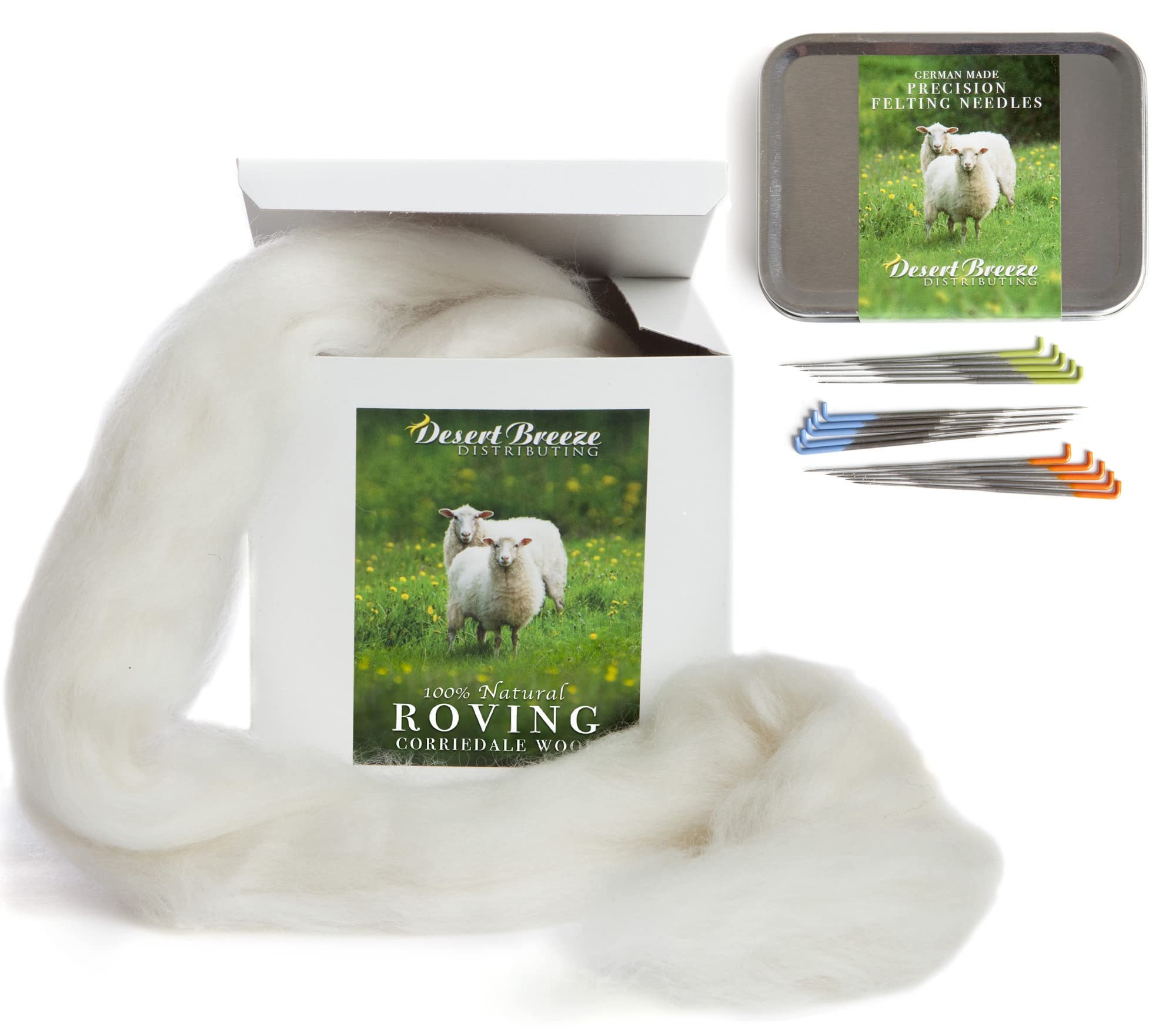 100% Natural Corriedale White Roving with Complete Set of Premium High Carbon Steel Color Coded Felting Needles
