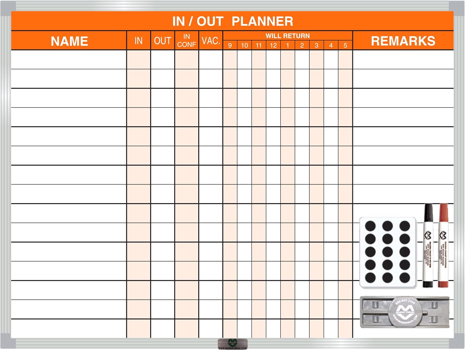 Magna Visual Magnetic Dry Erase in/Out Planner Kit (18" x 24" 15 Name, Orange)