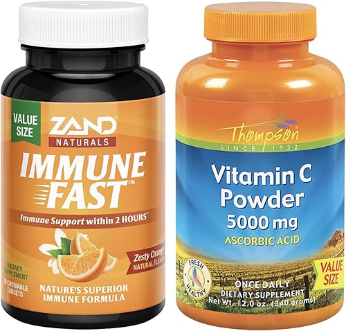 Thompson Vitamina C en polvo 5000 mg y paquete Zand Immune Fast Zesty Orange Apoyo saludable del sistema inmunológico 12 onzas, 36 masticables
