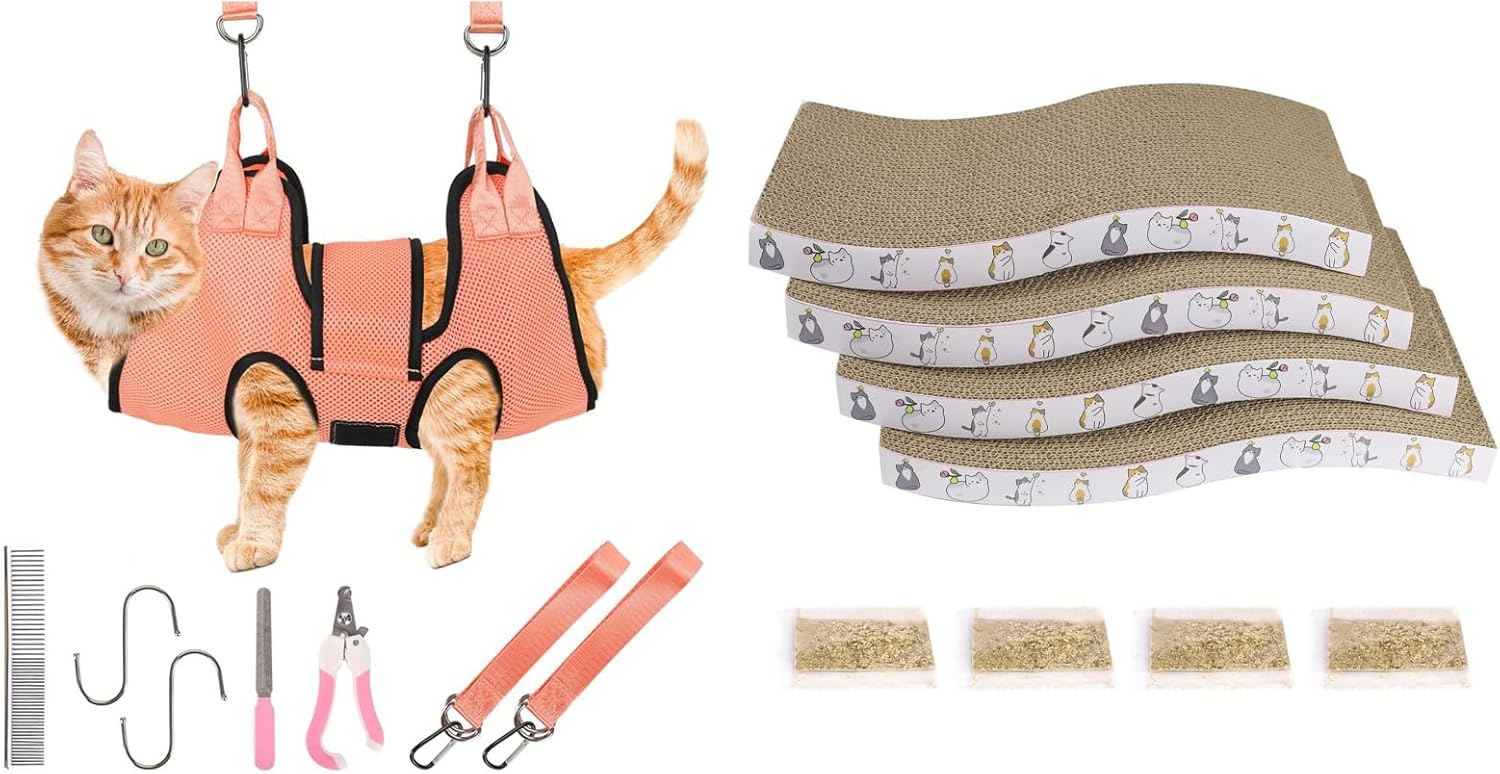 PatiencET Bundle of Pet Grooming Hammock for Cats & Dogs with Security Strap and 4 Pack Cat Scratch Pad