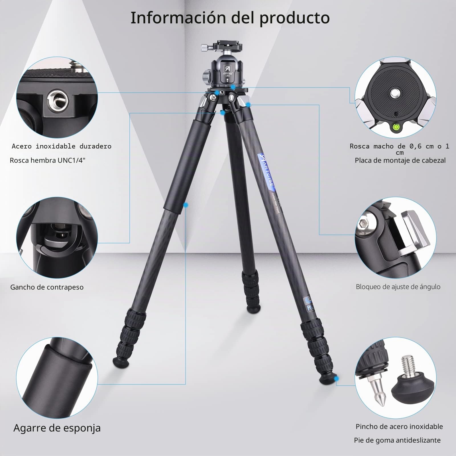 ARTCISE - Trípode de Fibra de Carbono con Cabezal de Bola de Perfil bajo de 52 mm y Bolsa de Piedra, Soporte de cámara de Viaje Resistente para videocámara Canon Sony Nikon DSLR, Carga máxima de 25KG