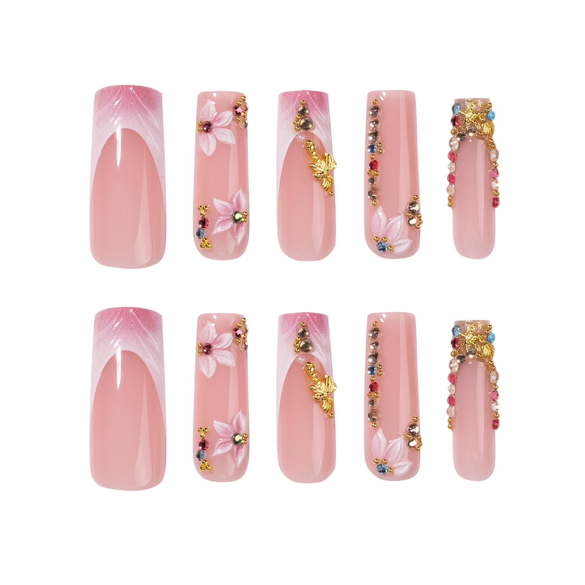 Lange quadratische Nägel zum Aufdrücken, handgefertigte Acryl-Nägel mit Designs, langes Drücken auf Nägel für Damen, 24 Stück