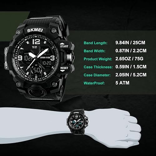 Miniatura 6 de Reloj deportivo analógico para hombre, reloj militar, cronómetro LED para exteriores, relojes electrónicos digitales, pantalla doble, impermeable,