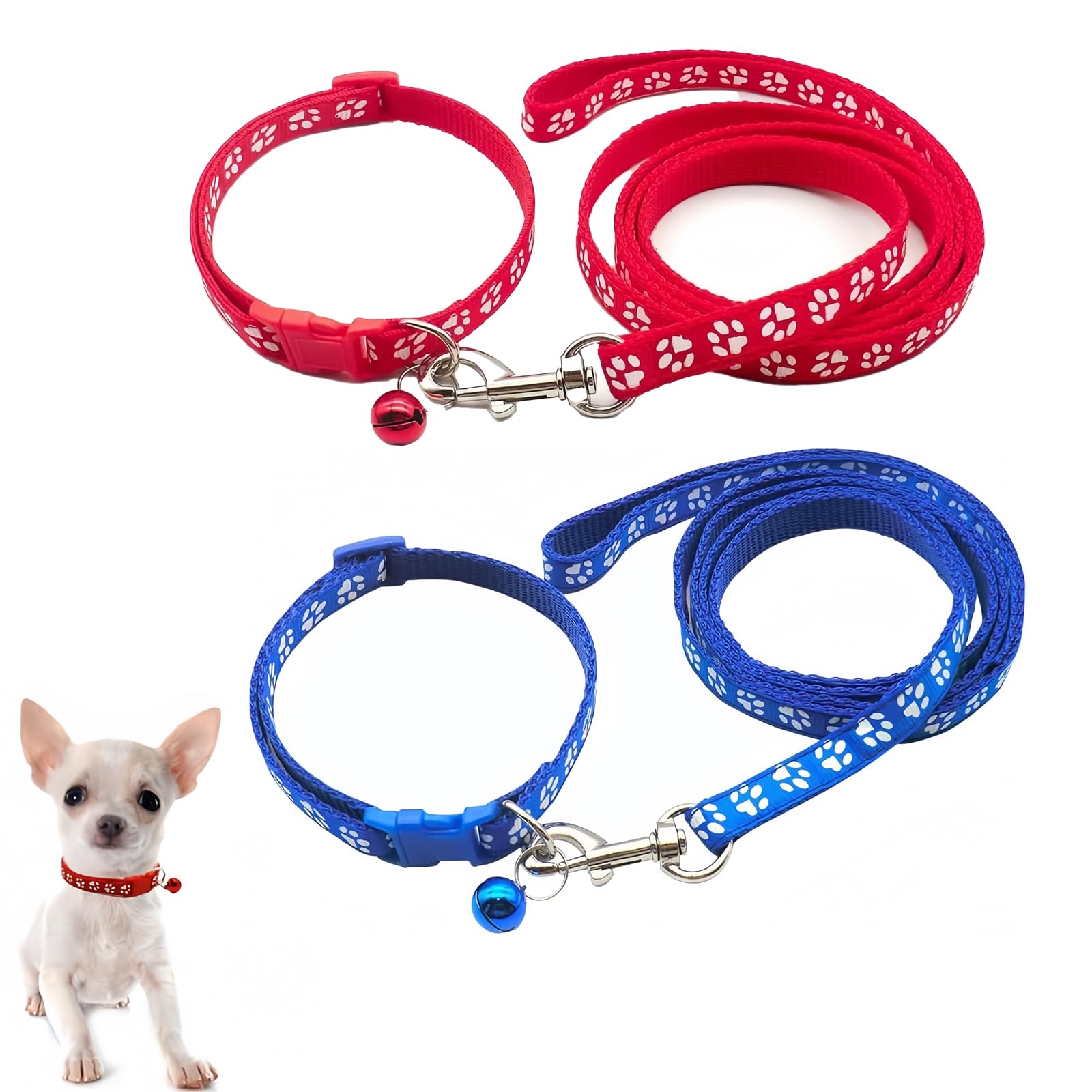 Collar y Correa para Perro Set 2 Piezas Azul y Rosa, Collar Ajustable de Nailon con Campana para Cachorros, Correa Resistente para Perros pequeños cómoda y Ligera