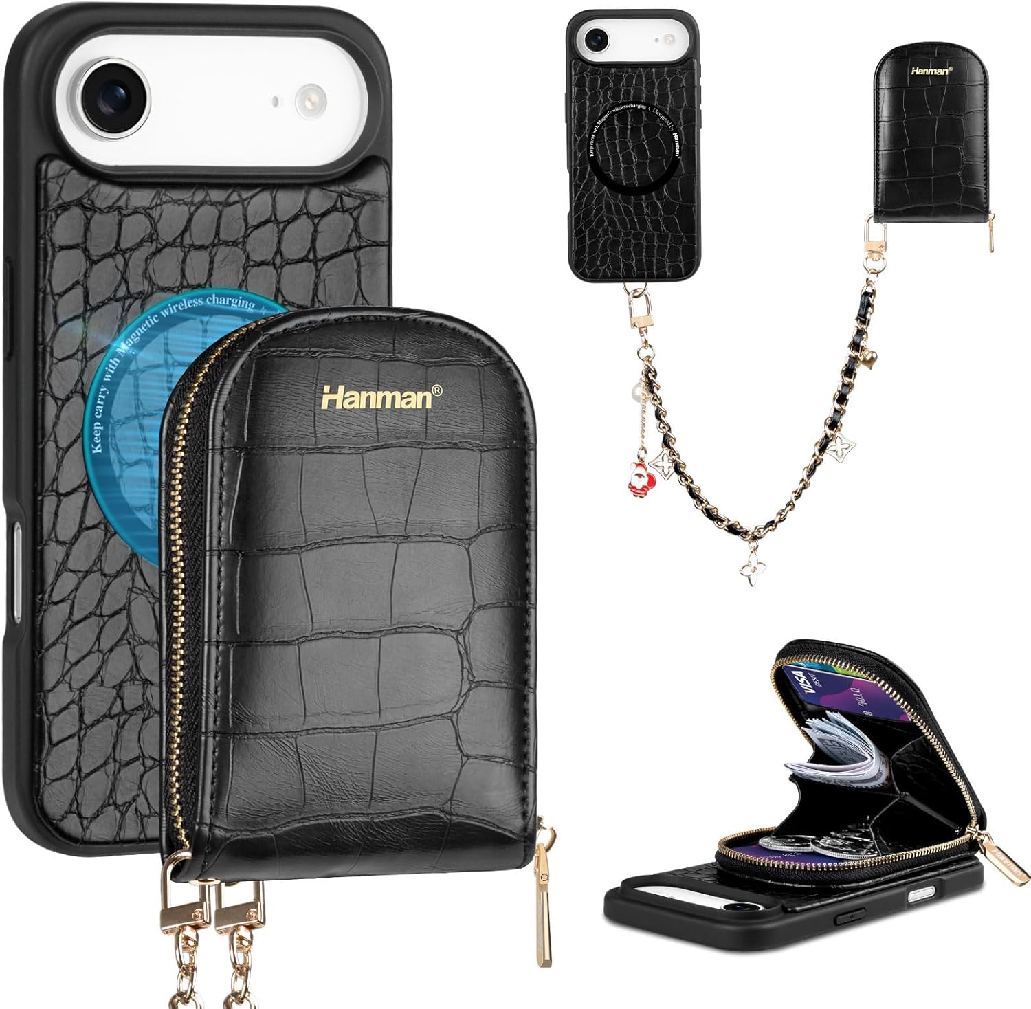 Hanman Magnetic Wallet Case for iPhone 17 Air,RFID Blocking Leather Zipper Purse Magnetic Case with Chain Patche for iPhone 17 Air,2 in 1 Detachable Magnetic Wallet Cover-Black
