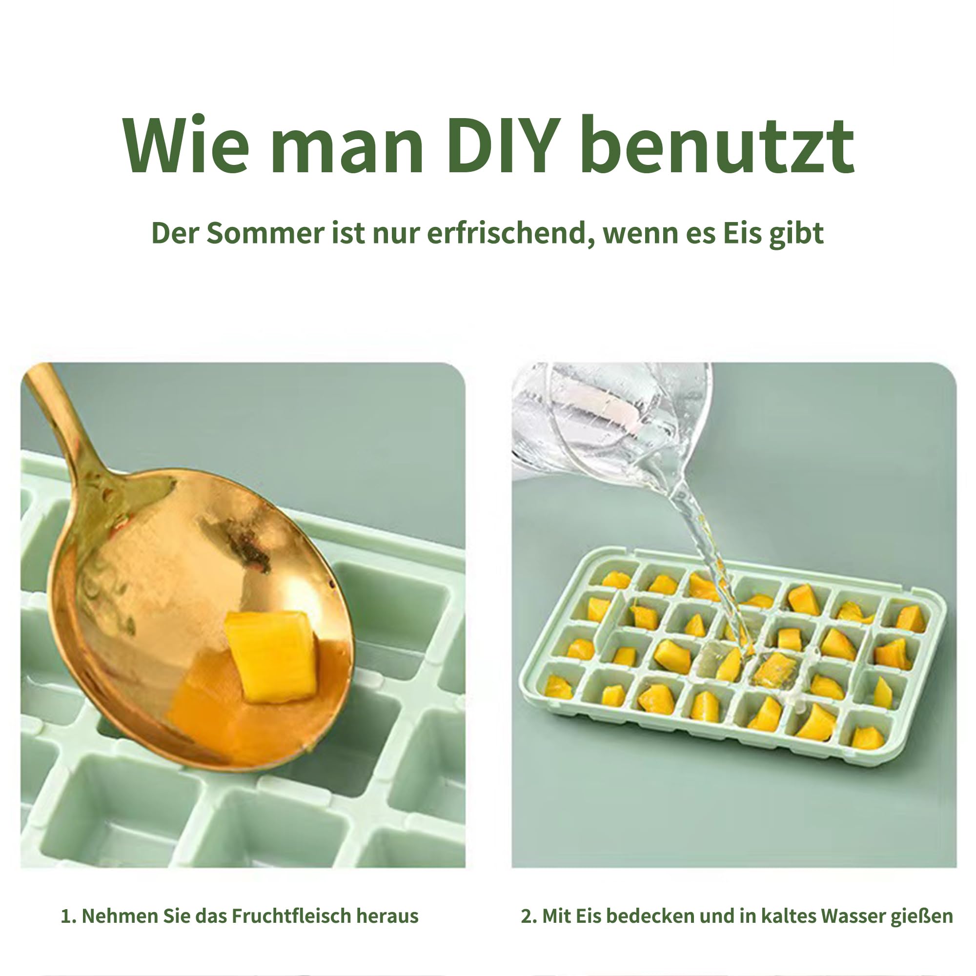 Eiswürfelbehälter mit Deckel und Behälter, 56 Stück Eiswürfel, Ein Klick drücken für schnelle Eisfreigabe, 2 Stück Quadrat Silikon Eiswürfelform, 1 Eiskübel und Schaufel