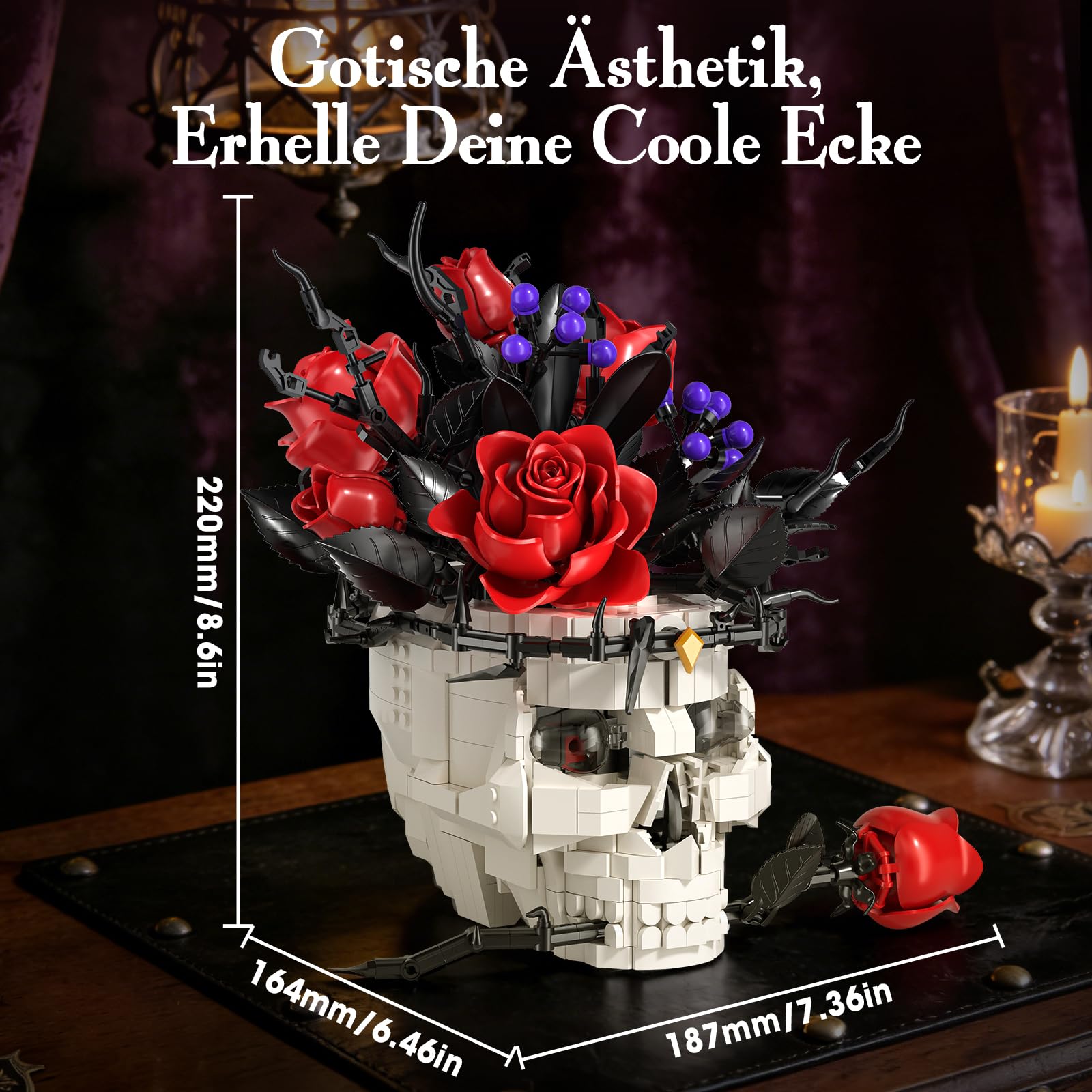 Rosen Klemmbausteine Blumen mit Totenkopf-Vase für Erwachsene, Gothic Deko | Klemmbausteine Set, Blumenstrauß Künstlich,Geschenke für Sie und Ihn zum Geburtstag Jahrestag Valentinstag Halloween Deko