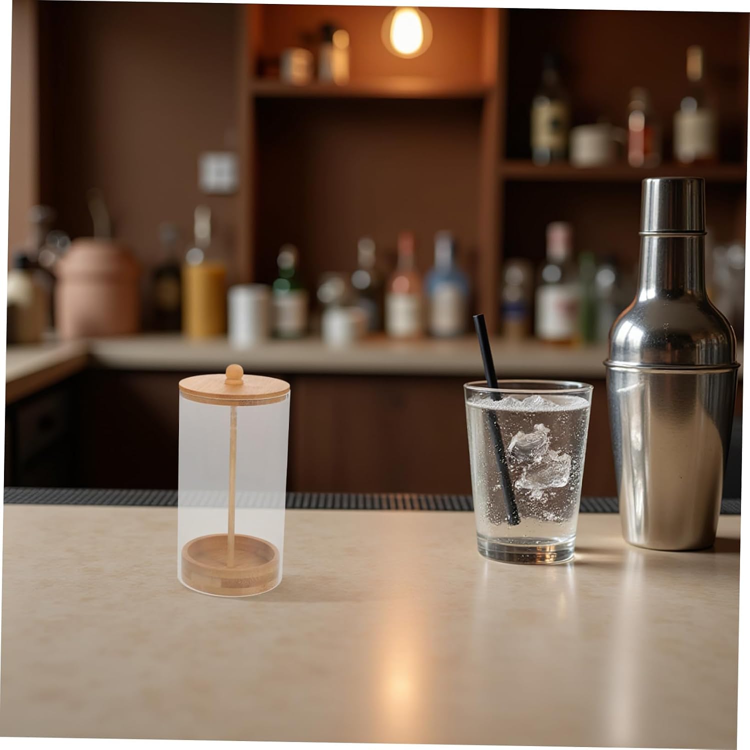 Acrylic Straw Holder Dispenser Box with Wood Lid, Countertop Storage