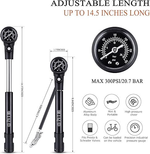 Miniatura 4 de Bomba de neumáticos de bicicleta 2 en 1 y bomba de choque, mini bomba de mano para bicicleta portátil, bomba de aire de bicicleta de 300 PSI con