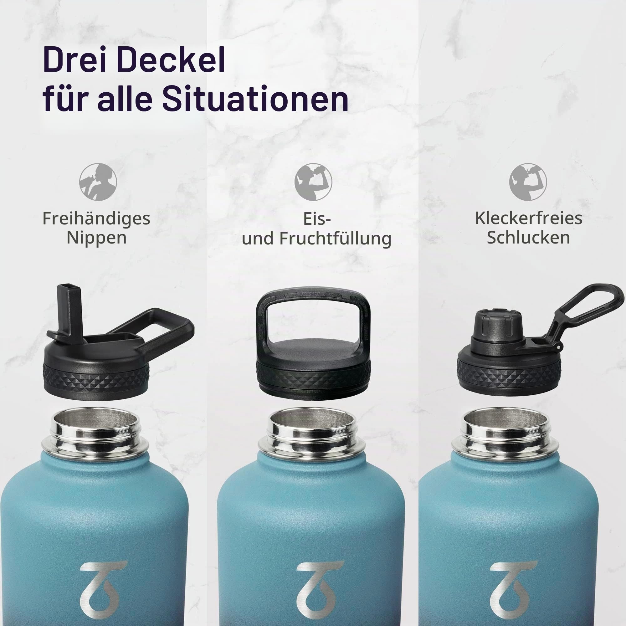 Thermosflasche mit Strohhalm 2L, Trebo Trinkflasche Edelstahl mit Paracord-Griff & 3 Deckeln, Edelstahl Trinkflasche Große Sportflasche Kalt halten 48 Stunden Wasserflasche, Indigo Schwarz