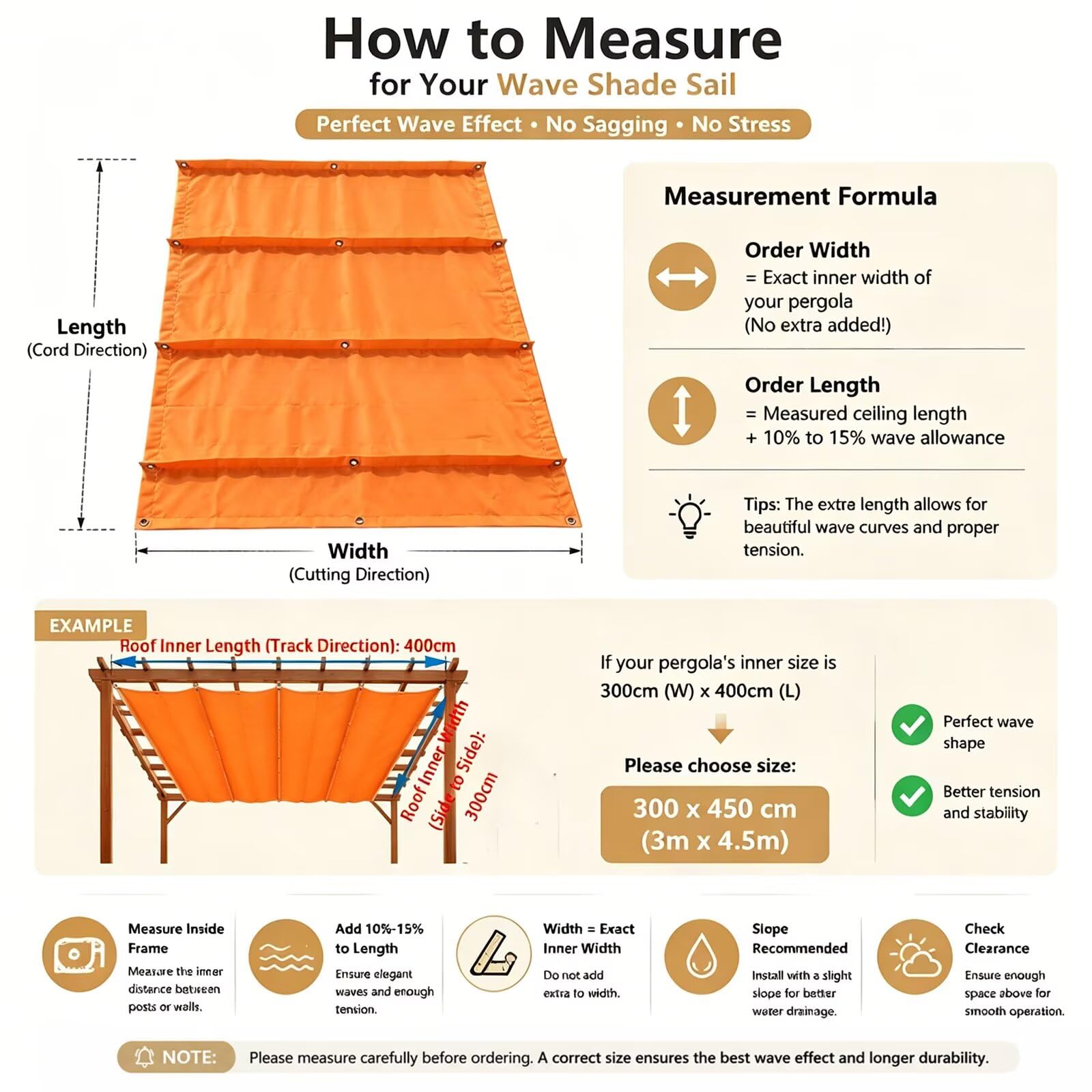 Ombrage Terrasse Extérieur 140x550cm Orange Voile-D'ombrage Rétractable Imperméable,Bâche Ombrages Vague Haute Densité,Idéal pour Pergola,Balcon,Abri de Voiture