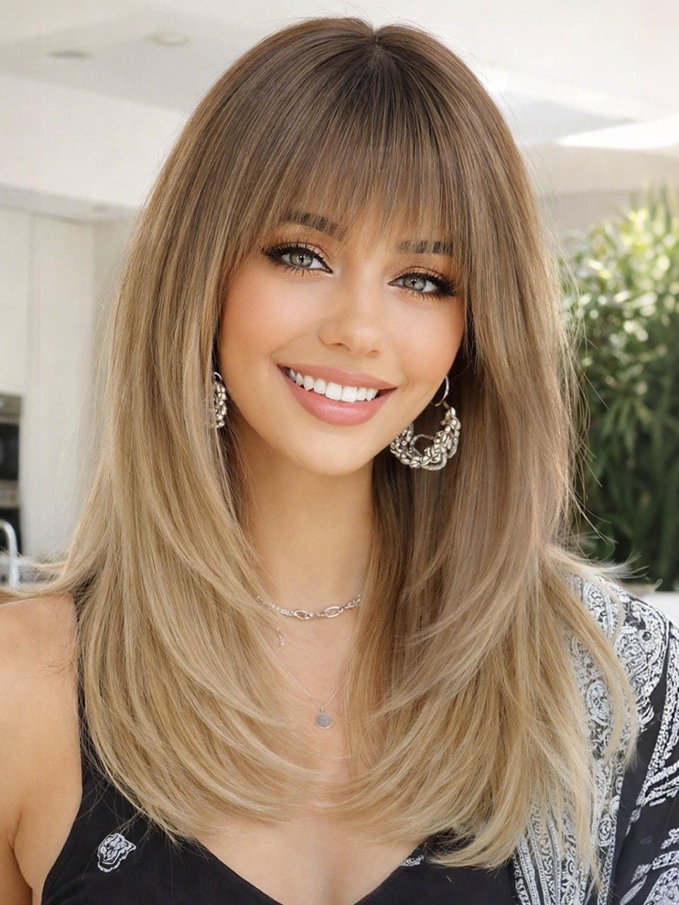 AISI HAIR 【Beginner Friendly Wigs】 Ombre Blonde Wig with Bangs for Women, Middle Length Natural Layered Straight Wig for Daily Party
