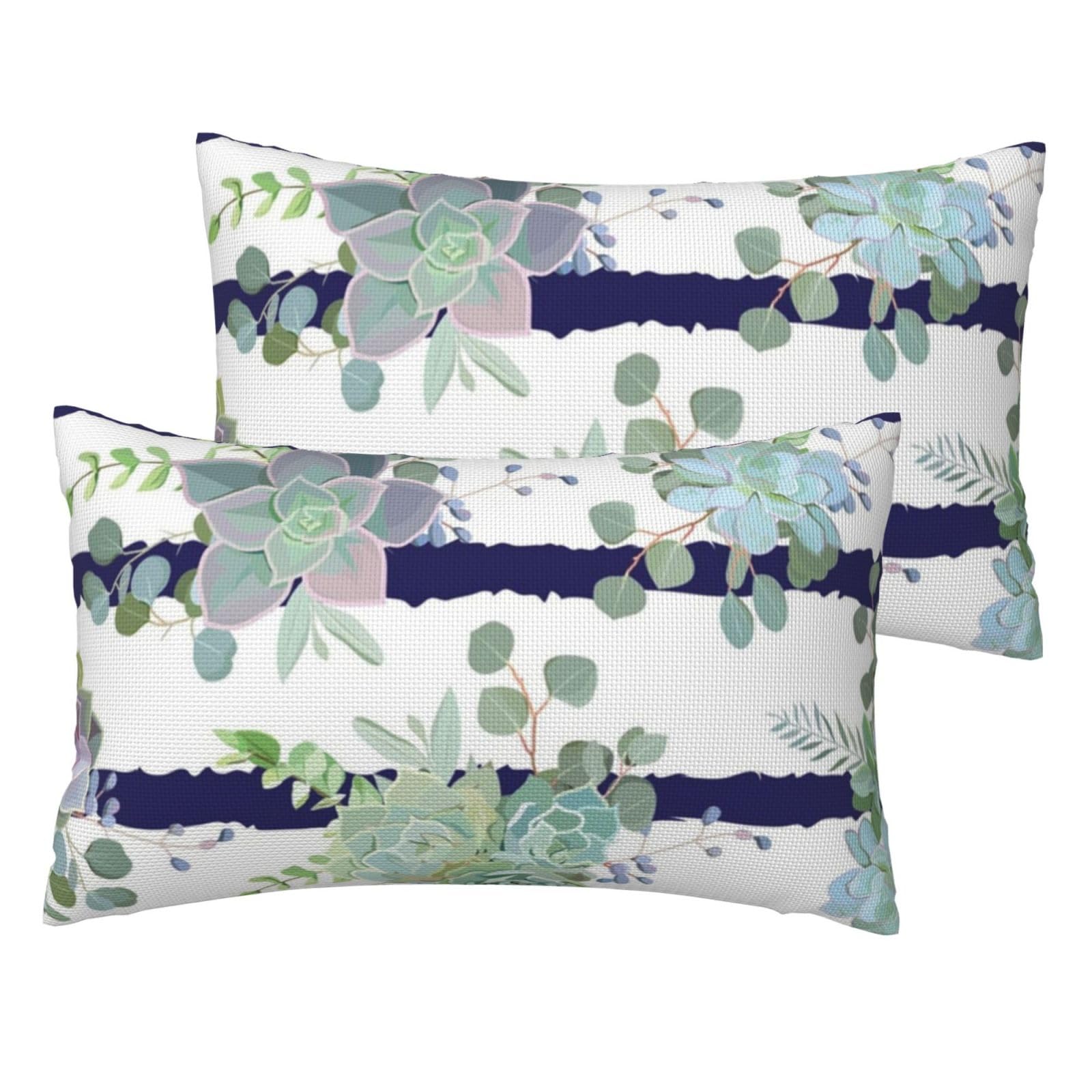 Housses de coussin en lin motif plantes grasses rayées x2