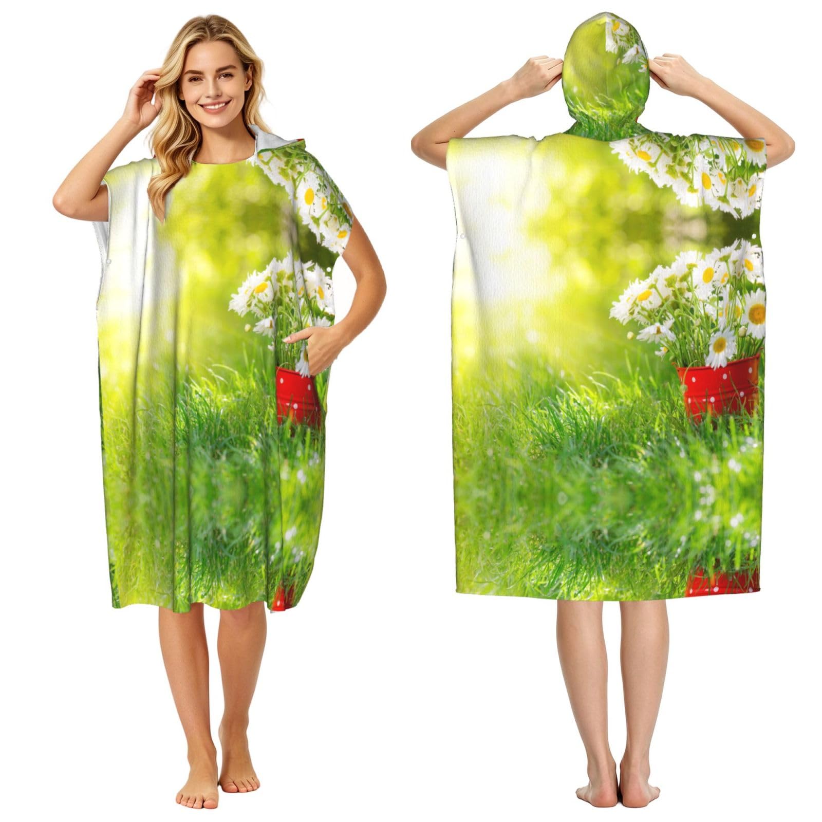 Poncho surf femme et homme anti-froid : serviette à capuche marguerites