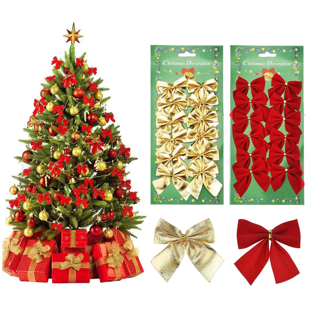 Goodern 24 Pieces Christmas Bow Decorations for Christmas Tree,Red Wreaths Bows,Xmas Decorative Bows Ornaments for Home Christmas Party,Christmas Glitter Tiny Bows for DIY Crafts Ornaments