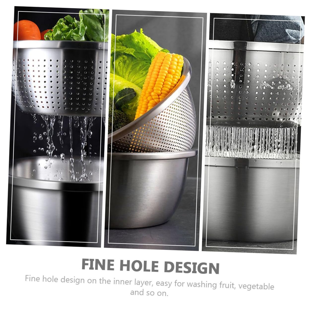 Colador Inoxidable de Acero Verduras Doble Capa | Plata, Malla Fina en Capa Interior, Portátil, para Lavar Fruta y Drenar Agua en Cocina o Camping