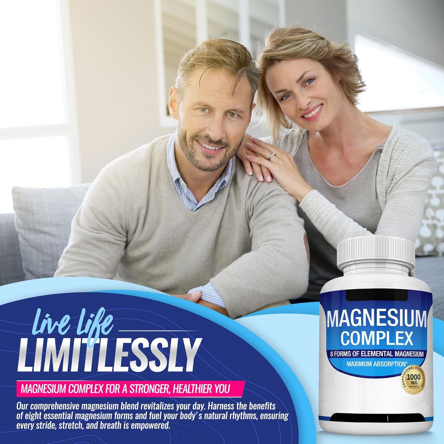 Magnesiumkomplex, 8 in 1, – Glycinat, Citrat, Malat für einfache Absorption, unterstützt Entspannung, Schlaf, Muskelfunktion und Knochengesundheit, Oxid, Aspartat, Orotat, gentechnikfrei