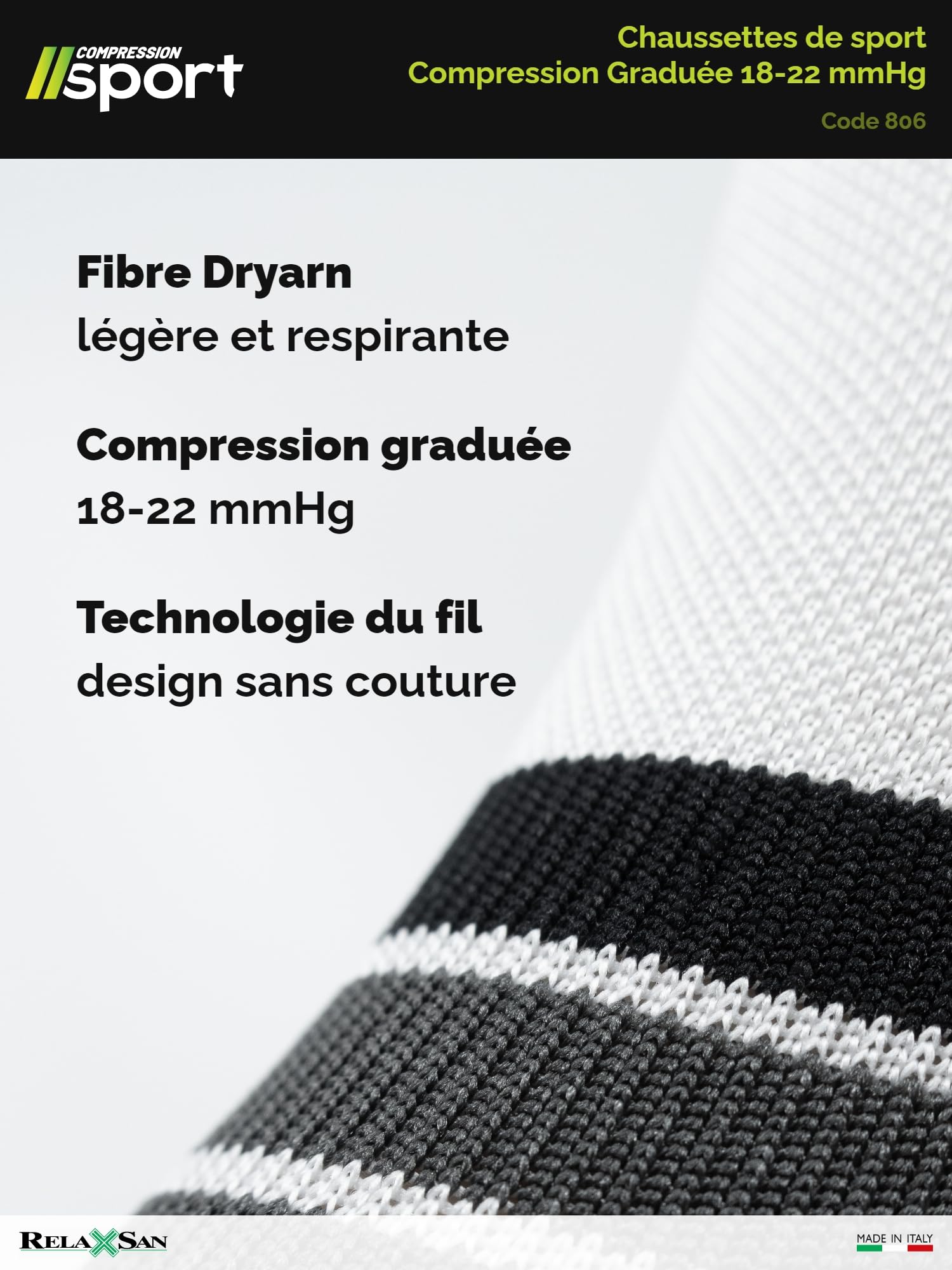 Relaxsan Chaussettes de Contention Femme et Homme, Sport et Running, Compression 18-22 mmHg, Made in Italy, 806