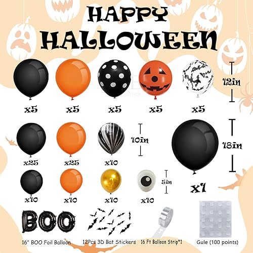Miniatura 2 de AobkDeco Kit de arco de globos de Halloween de 141 unidades, globos de ojos negros, naranjas y dorados, globos de Halloween con globos BOO,