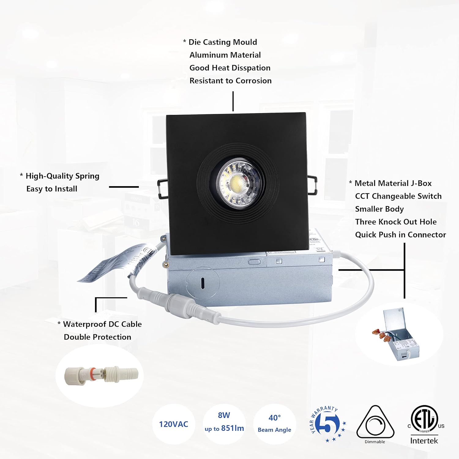 POPANU Canless Recessed Gimbal Downlight Rotatable-Spotlight 5 CCT 4 Inch Eyeball Ceilling Potlight, Dimmable Lights Fixture with Junction Box, 8W CCT Adjustable, Black Square Trim, with Baffle, 6P