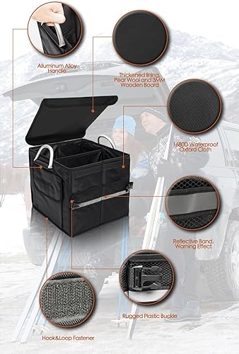 Miniatura 4 de Organizador de maletero con tapa, pequeño, negro 28L, para SUV, automóvil, camión, tela Oxford plegable e impermeable, clasificación portátil