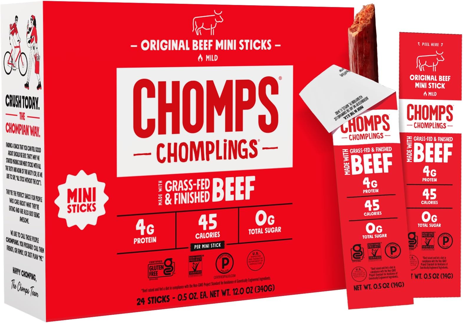 Chomps Snack Size Grass-Fed Original Beef Jerky Snack Sticks 0.5oz 24-Pack - Keto, Paleo, Whole30, 4g Lean Meat Protein, Gluten-Free, Zero Sugar Food, Non-GMO Chomplings