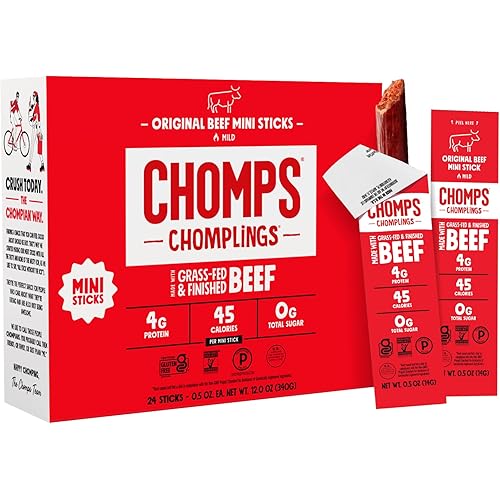 Chomps Snack Size Grass-Fed Original Beef Jerky Snack Sticks 0.5oz 24-Pack - Keto, Paleo, Whole30, 4g Lean Meat Protein, Gluten-Free, Zero Sugar Food, Non-GMO Chomplings