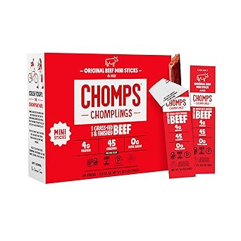 Chomps Snack Size Grass-Fed Original Beef Jerky Snack Sticks 0.5oz 24-Pack - Keto, Paleo, Whole30, 4g Lean Meat Protein, Gluten-Free, Zero Sugar Food, Non-GMO Chomplings