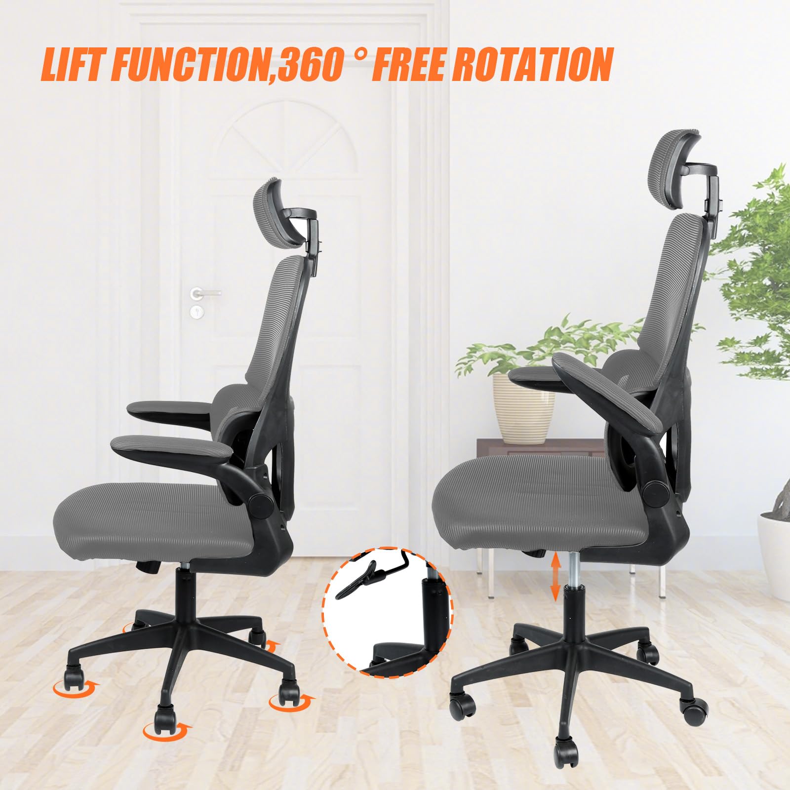 Bürostuhl Ergonomisch Schreibtischstuhl mit Klappbaren Armlehnen, Mesh Drehstuhl mit Dynamischer Lordosenstütze & 115° Wippfunktion, Verstellbare Kopfstütze für Home Office,Grau