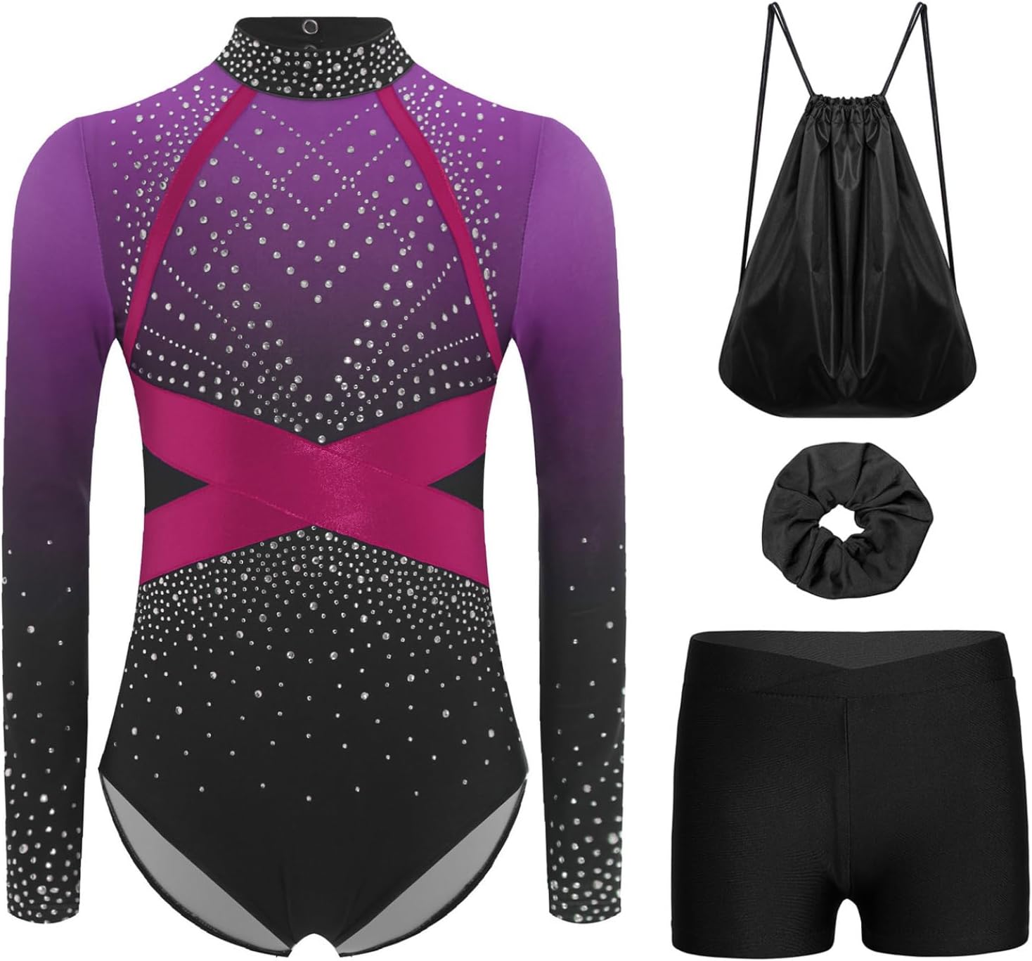 Leotard for Girls Gymnastics Bodysuit Rhinestone Dance Biketard with Shorts and Storage Bag Hairband