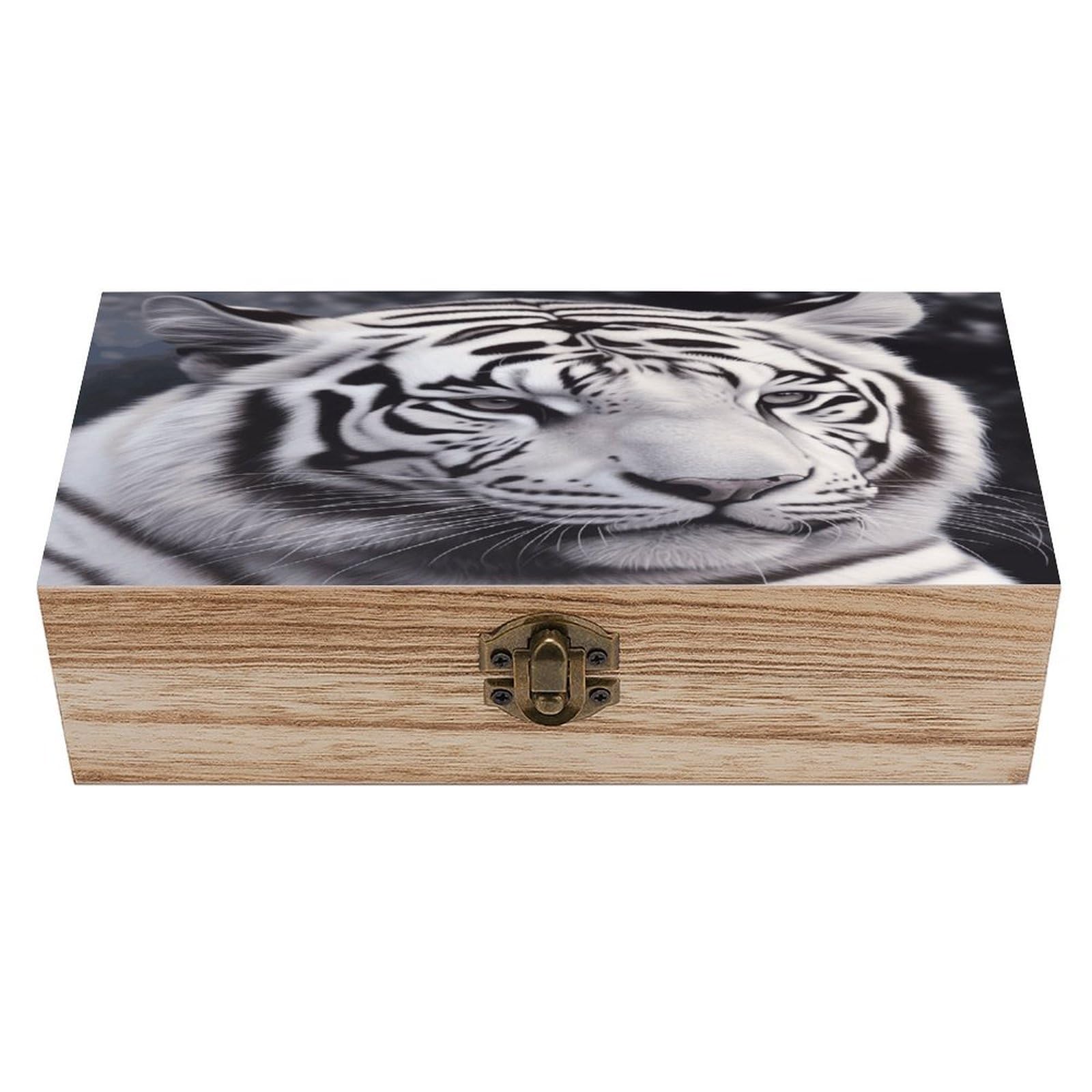 VstaDank White Tiger Wooden Storage Box Wooden Keepsake Box with Hinged Lid Exquisite Solid Wood Decorative Jewelry Case Memory Box for Jewelry Photos Letters Crafts Trinkets