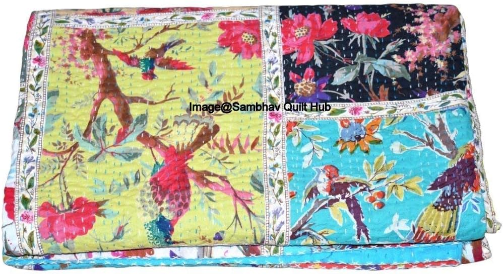 Queen/Twin/King Handmade Patchwork Less Birds Print Throw Reversible Blanket Indian Kantha Quilts Ethnic Stitched Bedcover Bohemian Floral Print Kantha Comforter Quilting Kantha (60X90 inches)