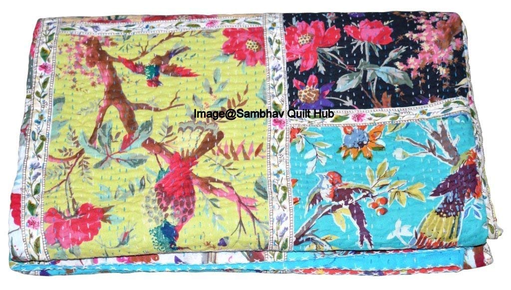 Manta reversible de remiendo con estampado de pájaros, de tamaño queen/Twin/King, hecha a mano, con costuras étnicas, colcha Kantha, colcha de Kantha (250 x 250 cm)