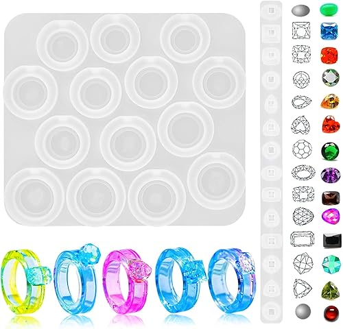 Miniatura 1 de 2 moldes de resina de silicona para anillos de joyería, moldes de resina epoxi con 7 tamaños diferentes y 14 gemas de corte diferentes para