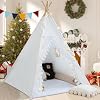 WIRHAO Teepee Tent for Kids with Padded Mat Cotton Canvas Kids Tent with Pompom for Toddlers Indoor Play Tent for Girls Boys with Stars Lights, Carry Bag, Banner Flag (White)