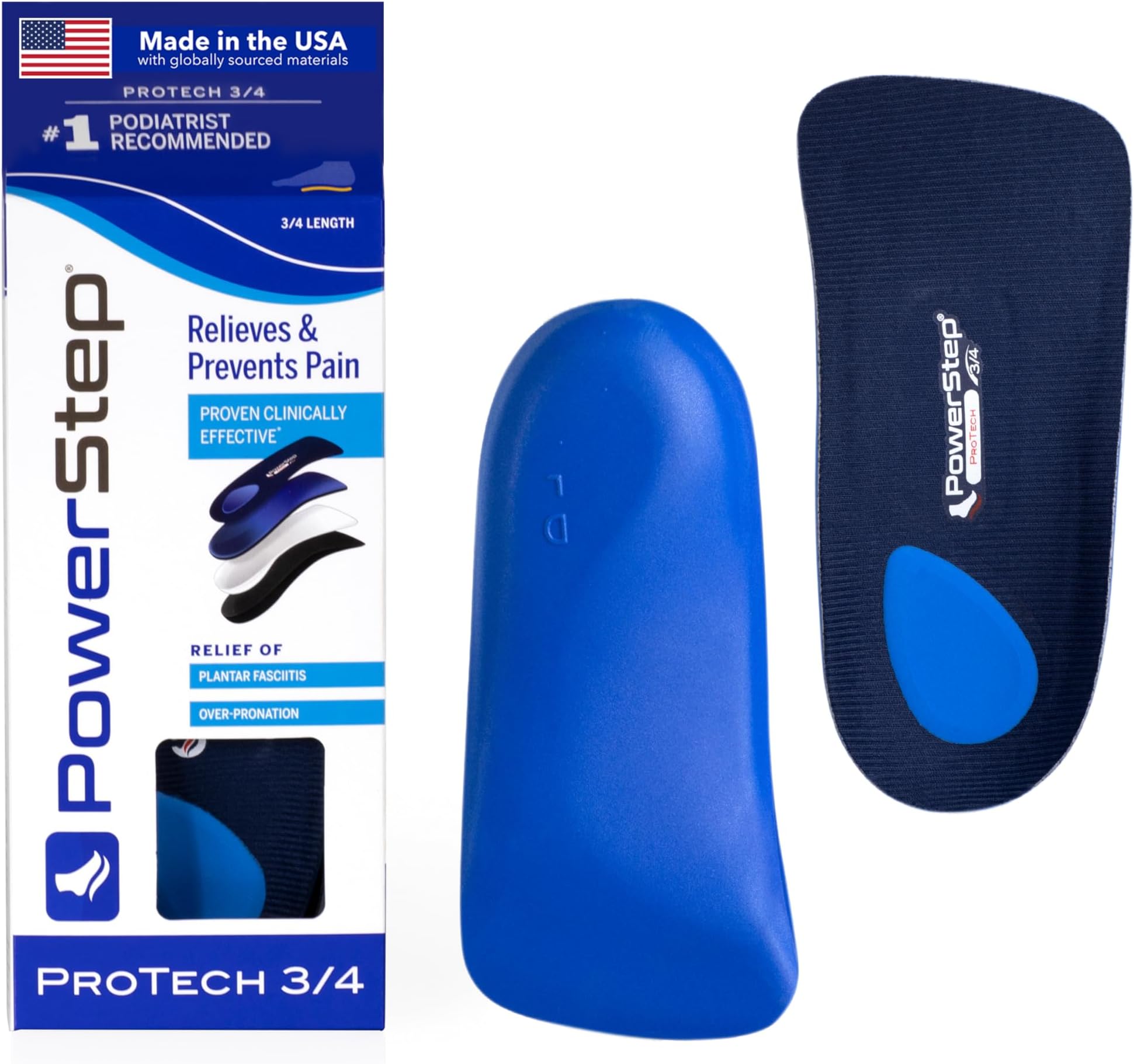 ProTech 3/4 Orthotic Insoles - Medical Grade Arch Support Inserts for Plantar Fasciitis Relief- Made in USA - Maximum Cushioning + ShockAbsorb Orthotics (M 11-11.5 W 13-13.5)