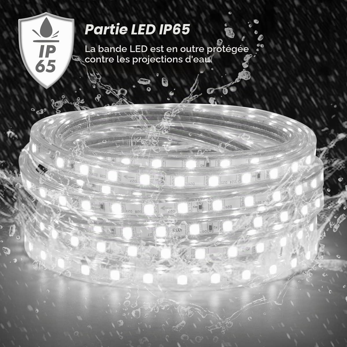 Ruban LED avec Interrupteur, Bande LED Lumineux, Ip65 Etanche Bandeau LED, 220V 230V Ruban à LED, Blanc Froid, 10M