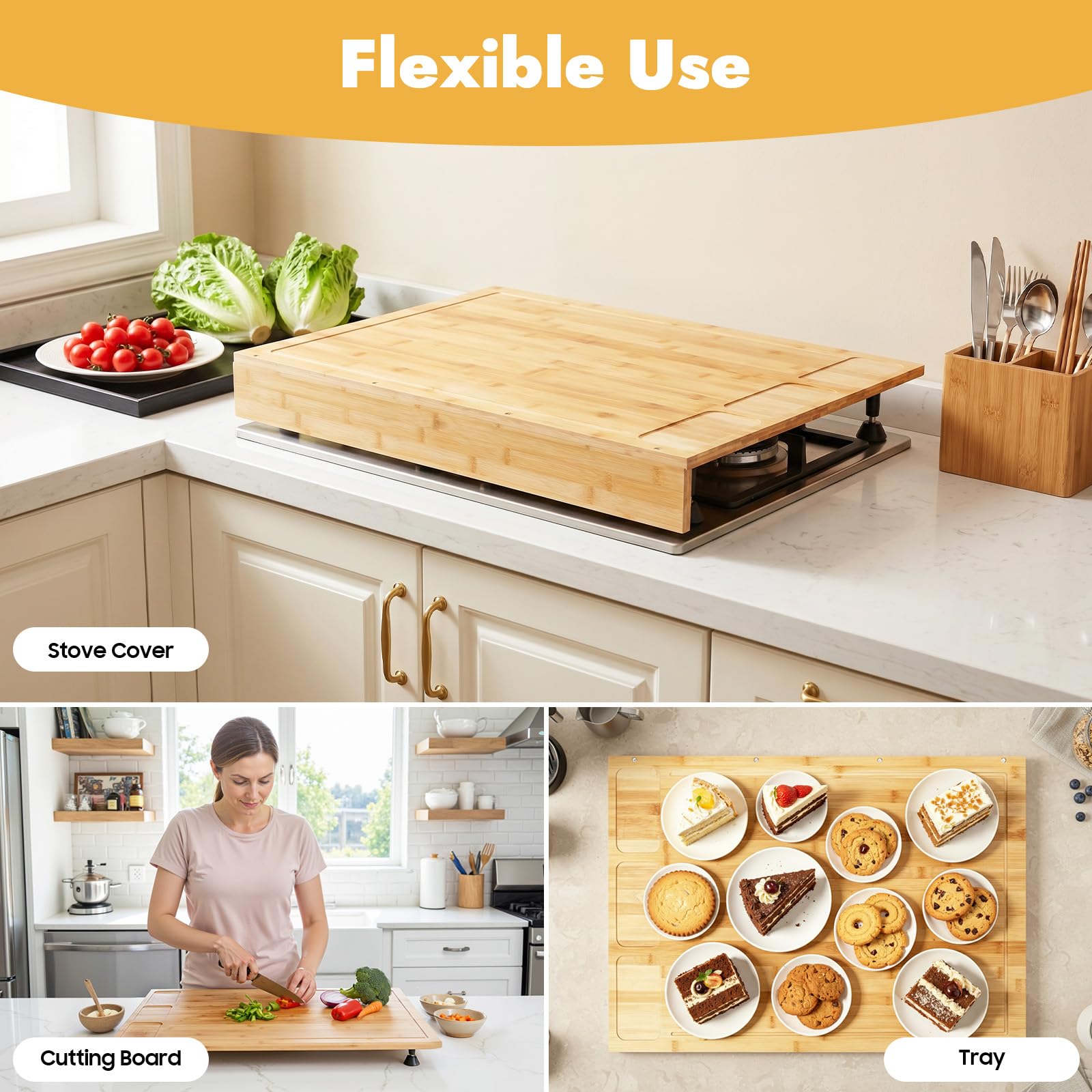 Cubierta de placa de cocción de bambú con cuatro patas de soporte extraíbles para placa de cocción para como tabla de cortar o bandeja, para casa, dormitorio, apartamento, 75 x 54 x 10 cm