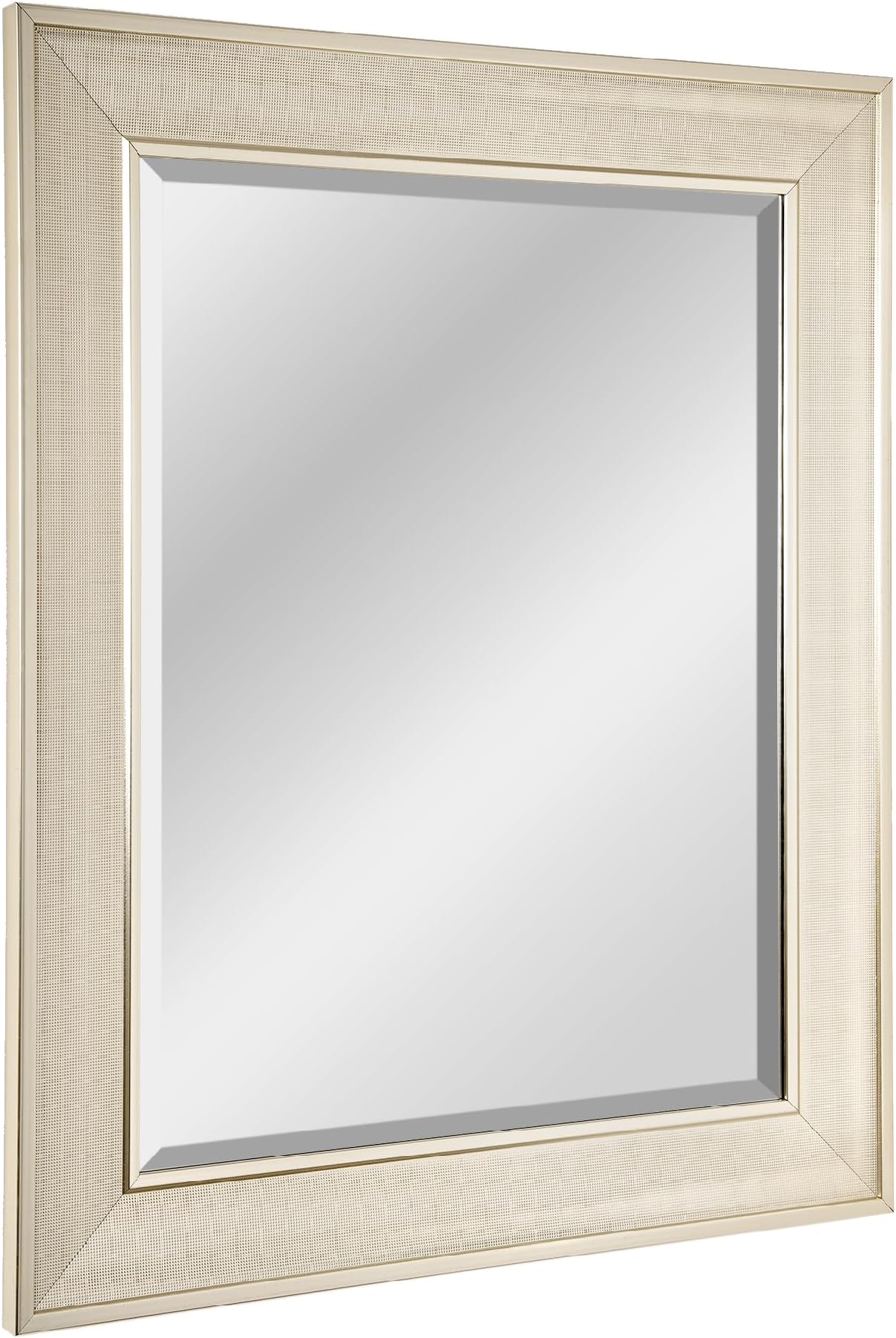 29"x35" Pave Textured Beveled Framed Wall Mirror, Decorative Rectangular Wall Mirrors for Bathroom Sink, Bedroom, Living Room, and Entryway, Champagne Silver