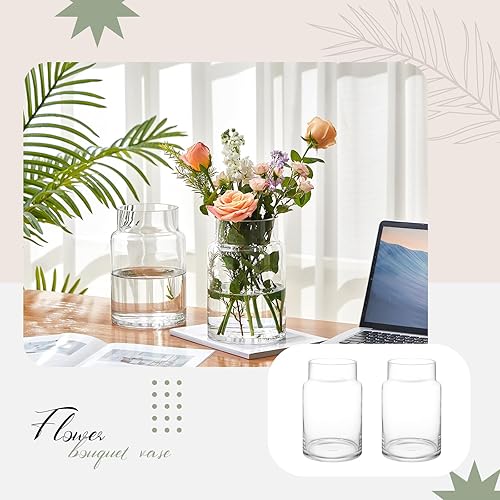 Miniatura 6 de 2 jarrones de vidrio grandes de 9 pulgadas para ramo, jarrón de boca ancha para centros de mesa, jarrón grande para flores, jarrones de vidrio